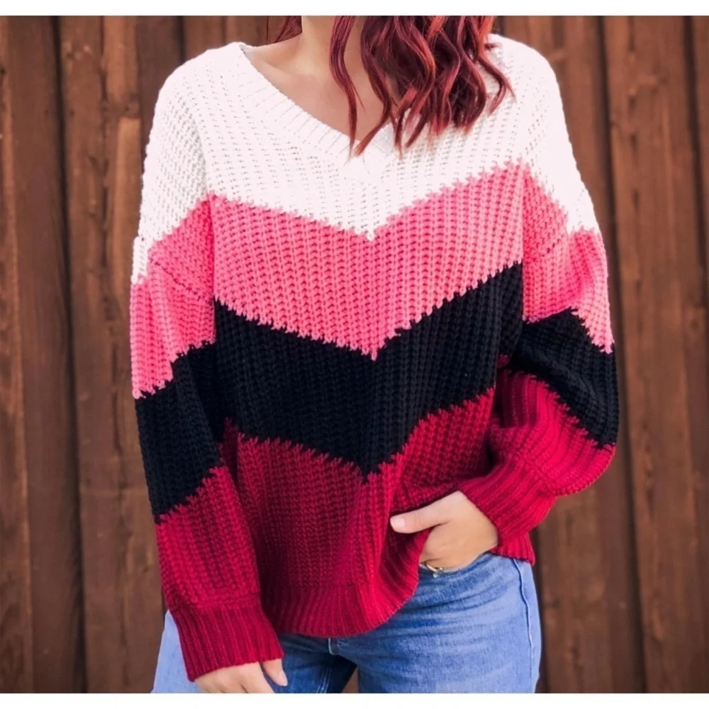 New! V Neck Pink Multi Puff Sleeve Oversized Chevron Sweater! - Picture 2 of 10
